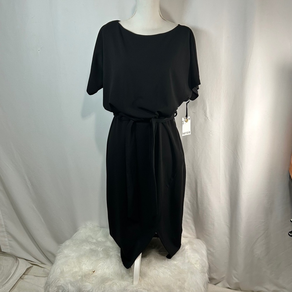 Kensie Black Short Sleeve Tie Waist Tulip Hem Midi Dress Size 12 NWT